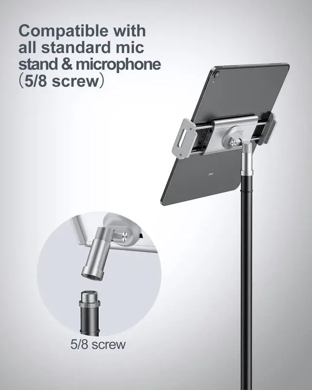 Alt view image 7 of 7 - Aluminum iPad Holder for Mic Stand, Side Mount iPad Music Stand Holder for Microphone, 360° Swivel Tilt Adjustable Mic Tablet Mount for 4-13in iPhone, Cell Phones and Tablets, Sliver