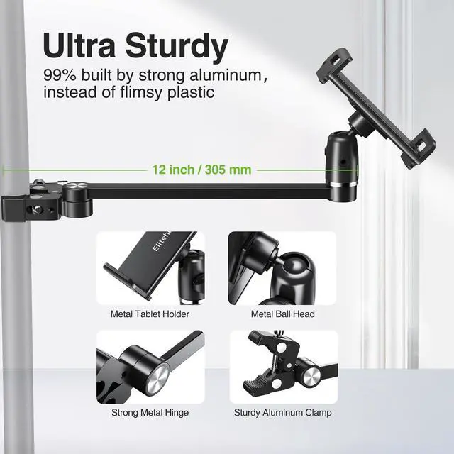 Alt view image 6 of 7 - 12in Extra Long Arm iPad Mic Stand Mount, 360° Adjustable iPad Holder for Mic Stand, Tablet Holder for Microphone & Cymbal & Drum, Tablet Music Mount Fit 4.7-13in Devices