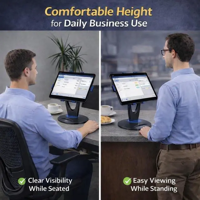 Alt view image 3 of 6 - Heavy Base Tablet Stand for POS & Desk Ultra Stable, No Wobble When Tapping, 360° Rotation with Handle, Ergonomic Eye-Level Viewing for iPad & Tablets