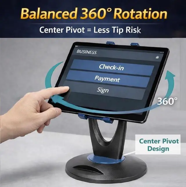 Alt view image 4 of 6 - Heavy Base Tablet Stand for POS & Desk Ultra Stable, No Wobble When Tapping, 360° Rotation with Handle, Ergonomic Eye-Level Viewing for iPad & Tablets