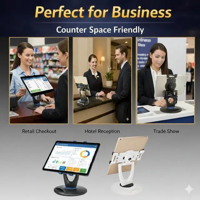 Alt view image 6 of 6 - Heavy Base Tablet Stand for POS & Desk Ultra Stable, No Wobble When Tapping, 360° Rotation with Handle, Ergonomic Eye-Level Viewing for iPad & Tablets
