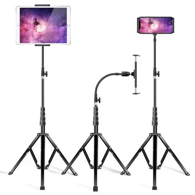 Main image of Metal iPad Tripod Stand & Adjustable 72 Gooseneck Tablet Floor Holder, Heavy Duty Aluminum iPad Floor Stand for Pro 12.9 11, Mini, Air, iPhone and 4.7-12.9" Tablets Cell Phones