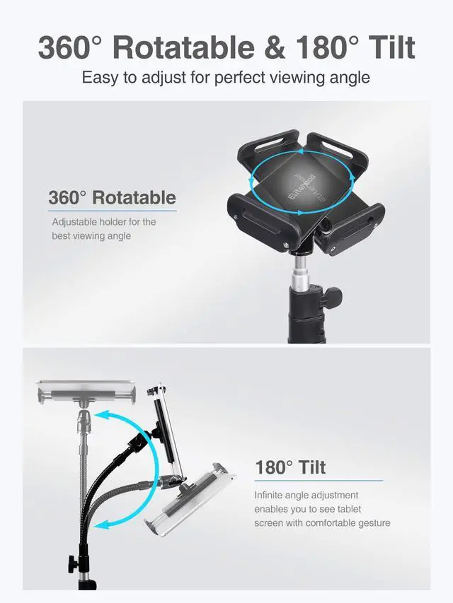 Alt view image 3 of 7 - Metal iPad Tripod Stand & Adjustable 72 Gooseneck Tablet Floor Holder, Heavy Duty Aluminum iPad Floor Stand for Pro 12.9 11, Mini, Air, iPhone and 4.7-12.9" Tablets Cell Phones