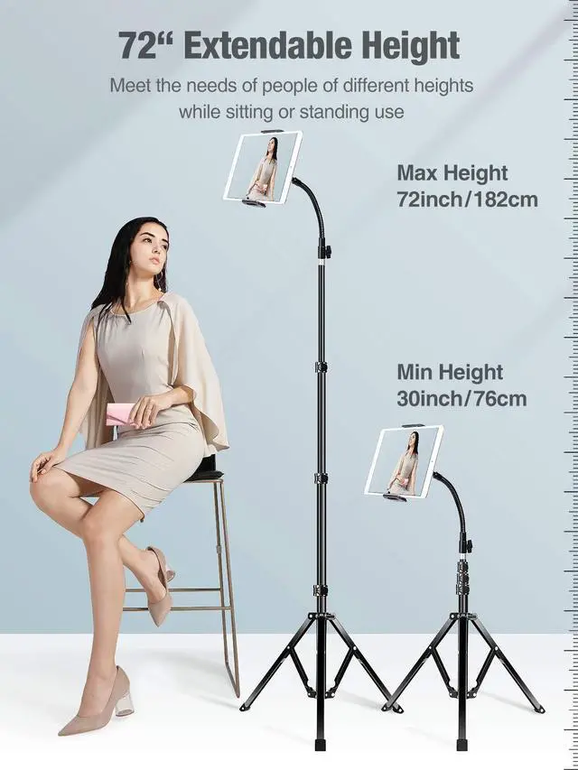 Alt view image 4 of 7 - Metal iPad Tripod Stand & Adjustable 72 Gooseneck Tablet Floor Holder, Heavy Duty Aluminum iPad Floor Stand for Pro 12.9 11, Mini, Air, iPhone and 4.7-12.9" Tablets Cell Phones