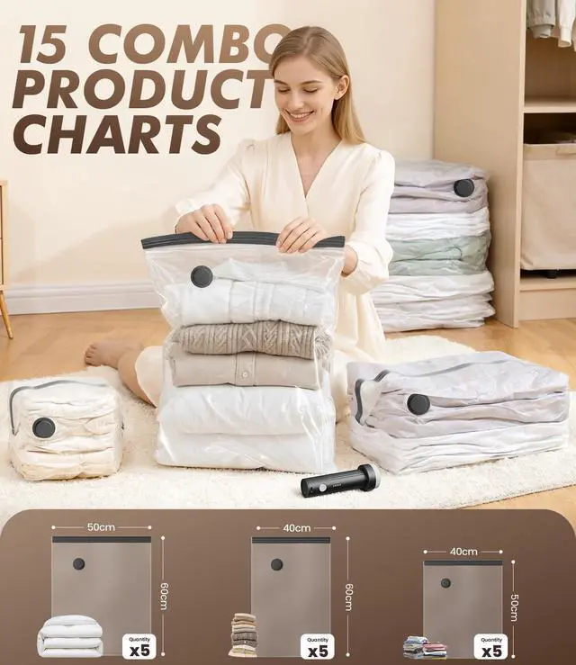Alt view image 2 of 6 - vacuum seal bags for clothing with pump - for Travel, Moving, College & Home Storage, 15 Pack with Rechargeable Electric Pump, 5 Jumbo & 5 Large & 5 Medium