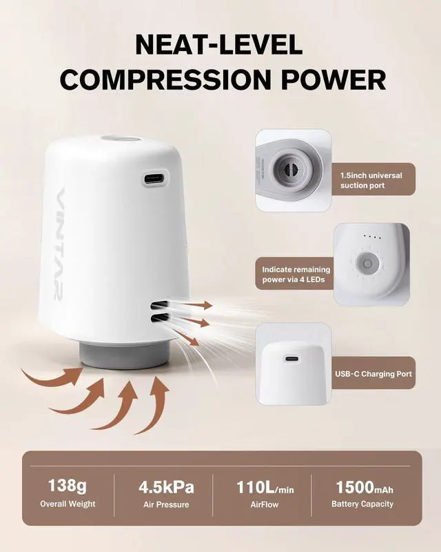 Alt view image 6 of 7 - Cordless Electric Travel Vacuum Pump for Vacuum Storage Bags, VINTAR Portable Vacuum Sealer for Clothes, USB Rechargeable Air Pump for Compression Clothing Blanket Luggage (Storage Bag Not Included)