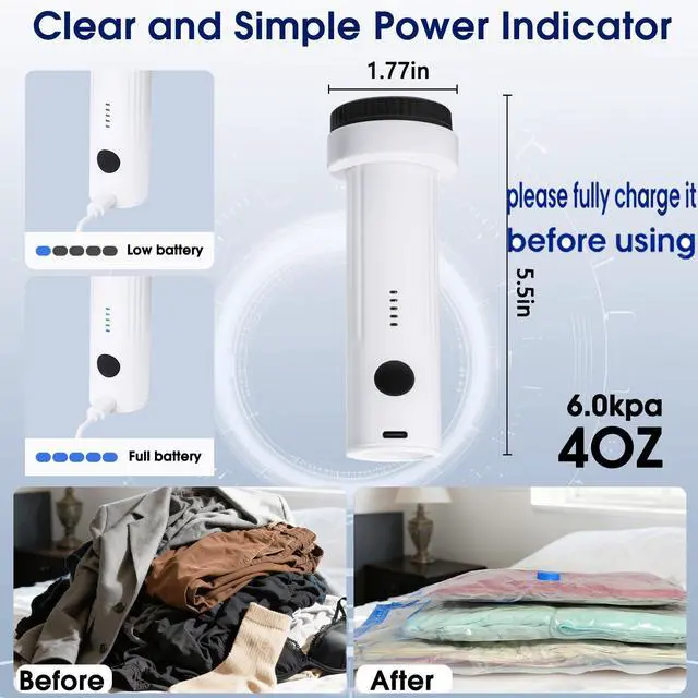 Alt view image 2 of 6 - 6.0Kpa Cordless Electric Vacuum Pump for Storage Bags, USB Rechargeable Portable Vacuum Sealer for Travel Air Pump Compression Bag Pumps for Clothes Blankets Bedding, Black (No bags)