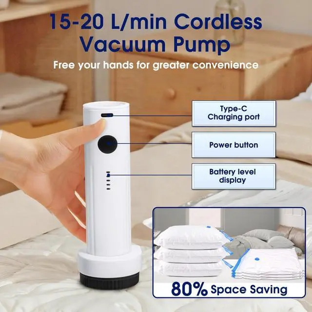 Alt view image 4 of 6 - 6.0Kpa Cordless Electric Vacuum Pump for Storage Bags, USB Rechargeable Portable Vacuum Sealer for Travel Air Pump Compression Bag Pumps for Clothes Blankets Bedding, Black (No bags)