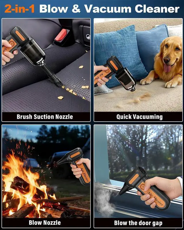 Alt view image 5 of 7 - Powerful 2-in-1 Compressed Air Duster & Handheld Car Vacuum Cleaner with LED Light & 4-Gear Adjustable 150KRPM Brushless Motor, Rechargeable Cordless Mini Blowe for Car, Home, PC (2-in-1 Black)