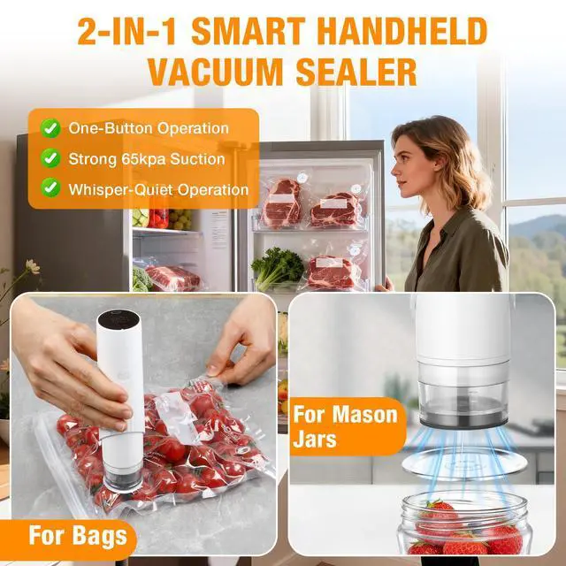 Alt view image 3 of 7 - Smart Vacuum Sealer for Food with LED Display, 65kPa Strong Suction Handheld Vacuum Sealer Machine for Reusable Bags & Mason Jars, Portable Food Sealer for Meal Prep, Camping & RV, Washable