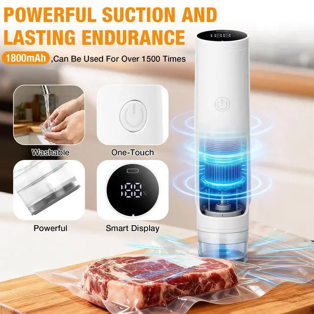 Alt view image 2 of 7 - Smart Vacuum Sealer for Food with LED Display, 65kPa Strong Suction Handheld Vacuum Sealer Machine for Reusable Bags & Mason Jars, Portable Food Sealer for Meal Prep, Camping & RV, Washable