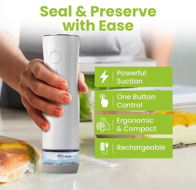 Alt view image 2 of 7 - Portable Handheld Vacuum Sealer for Food with 32 Reusable Bags, Compact & Powerful Food Vacuum Sealer with Visible Liquid Tank, Digital Display and 6X Freshness Lock for Meal Prep & Storage
