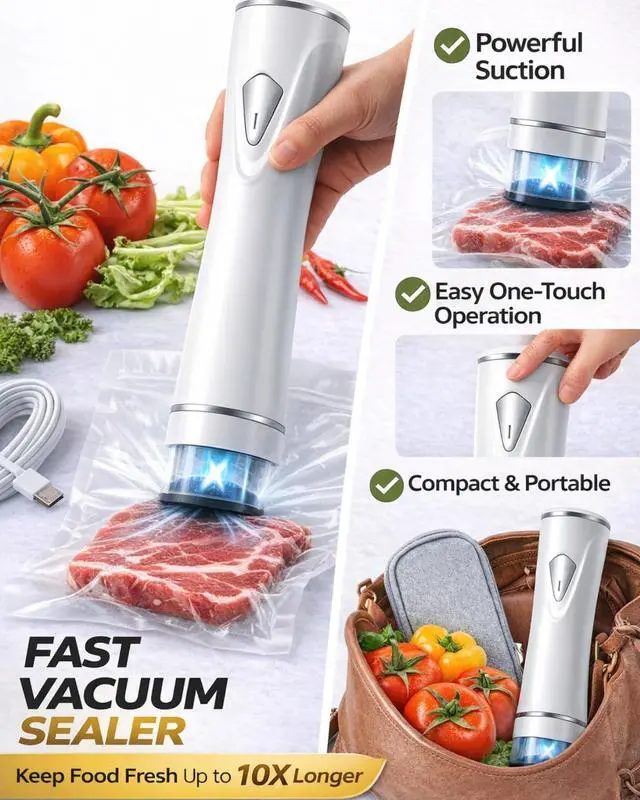 Alt view image 2 of 7 - Handheld Vacuum Sealer for Food with Visible Water Tank, Powerful Compact Vacuum Sealer Machine with 30 Reusable Vacuum Bags for 10X Preservation & Fresh