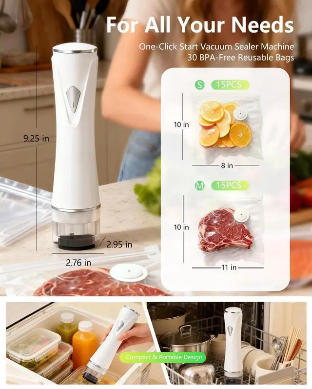 Alt view image 3 of 7 - Handheld Vacuum Sealer for Food with Visible Water Tank, Powerful Compact Vacuum Sealer Machine with 30 Reusable Vacuum Bags for 10X Preservation & Fresh