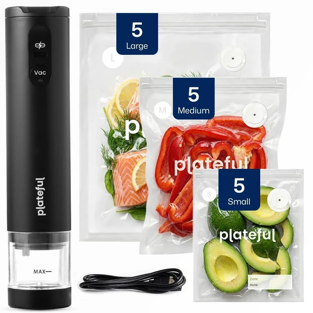 Main image of VacuSeal Handheld Vacuum Sealer for Food, Cordless, 15 Bags | Seals in 5 seconds and keeps food fresh 5x longer. Rechargeable USB-C, up to 200 seals per charge. Includes 15 reusable bags.