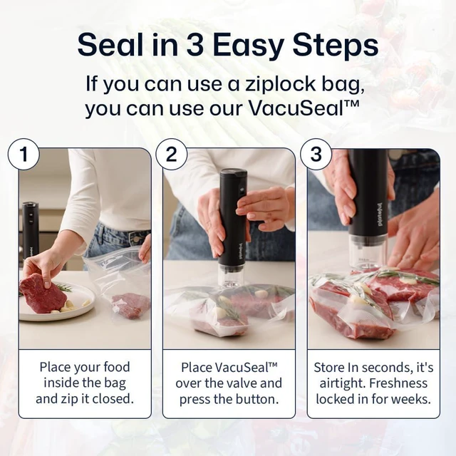 Alt view image 3 of 7 - VacuSeal Handheld Vacuum Sealer for Food, Cordless, 15 Bags | Seals in 5 seconds and keeps food fresh 5x longer. Rechargeable USB-C, up to 200 seals per charge. Includes 15 reusable bags.