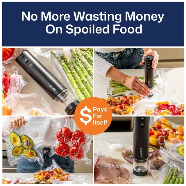 Alt view image 6 of 7 - VacuSeal Handheld Vacuum Sealer for Food, Cordless, 15 Bags | Seals in 5 seconds and keeps food fresh 5x longer. Rechargeable USB-C, up to 200 seals per charge. Includes 15 reusable bags.