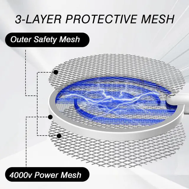 Alt view image 3 of 7 - Bug Zapper Racket, 2 Mode Electric Fly Zapper USB Rechargeable, 4000V Electric Fly Swatter with 3 Layer Safety Mesh, Indoor Outdoor Bug Zapper Racket for Kitchen, Bedroom, Camping(2 Pack