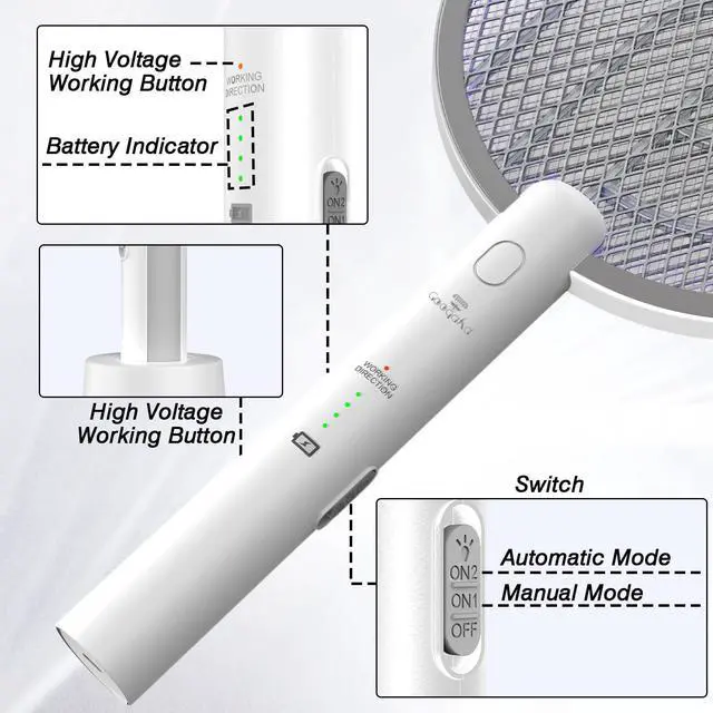Alt view image 4 of 7 - Bug Zapper Racket, 2 Mode Electric Fly Zapper USB Rechargeable, 4000V Electric Fly Swatter with 3 Layer Safety Mesh, Indoor Outdoor Bug Zapper Racket for Kitchen, Bedroom, Camping(2 Pack