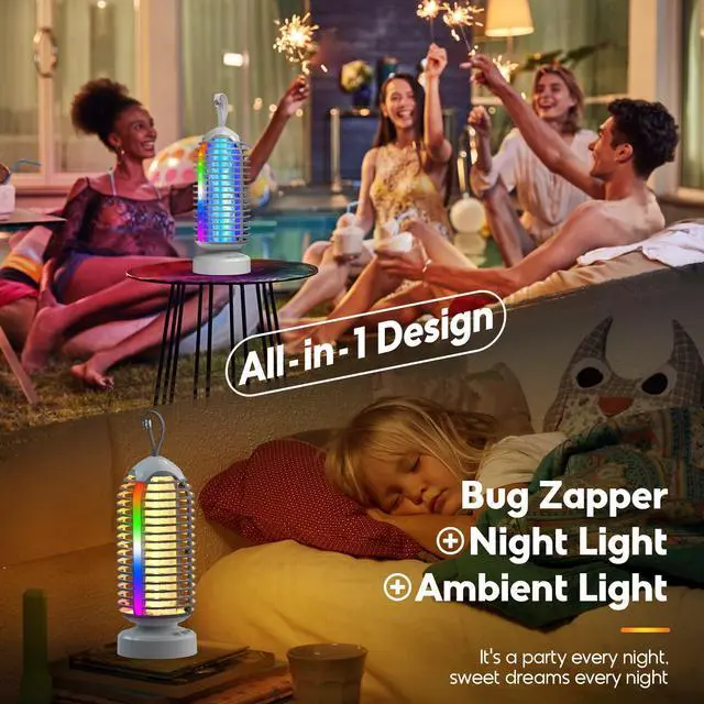 Alt view image 2 of 7 - Bug Zapper with Marquee Light, Mosquito Zapper Indoor Outdoor, 4000mAh, Smart Auto On/Off Rechargeable Fly Zapper, Portable Waterproof Insect Killer for Home, Kitchen, Patio, Camping, Party - 2 Packs
