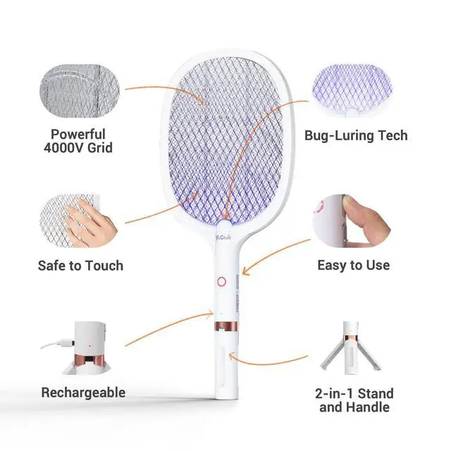 Alt view image 6 of 6 - Electric Fly Swatter Racket, Rechargeable Fly Zapper - 4000 Volt, Exclusive 2-in-1 Bug Zapper Racket - USB Charging, 1800mAh Li-Battery, Indoor & Outdoor Use, White, 2 Packs