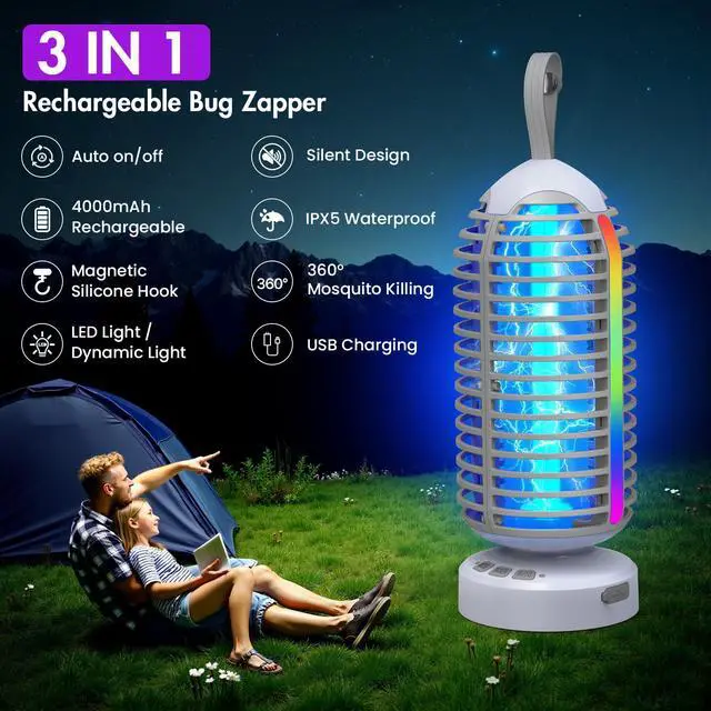 Alt view image 2 of 7 - Bug Zapper Outdoor with Colorful Lighting and Auto-Sensing, 3 in 1 Cordless 4000mAh Battery Electric Fly Trap, Rechargeable Mosquito Zapper for Camping, Patios, Garden, Kitchen (2Pack-Grey)