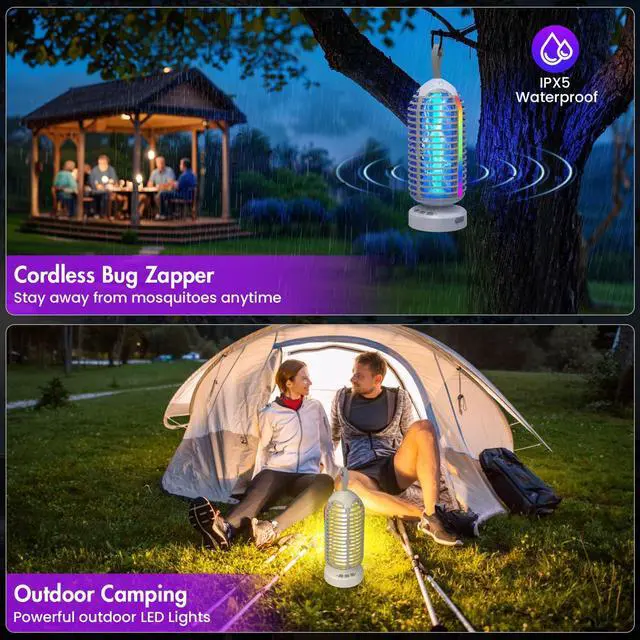 Alt view image 6 of 7 - Bug Zapper Outdoor with Colorful Lighting and Auto-Sensing, 3 in 1 Cordless 4000mAh Battery Electric Fly Trap, Rechargeable Mosquito Zapper for Camping, Patios, Garden, Kitchen (2Pack-Grey)