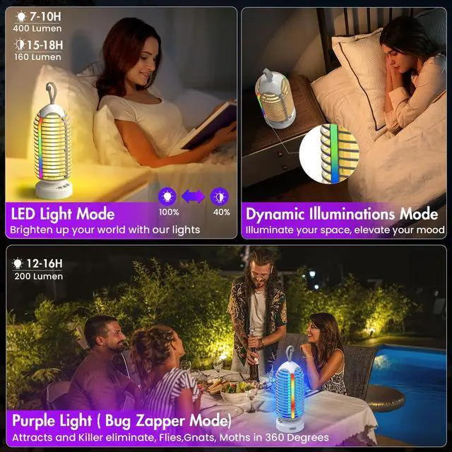 Alt view image 5 of 7 - Bug Zapper Outdoor with Colorful Lighting and Auto-Sensing, 3 in 1 Cordless 4000mAh Battery Electric Fly Trap, Rechargeable Mosquito Zapper for Camping, Patios, Garden, Kitchen (2Pack-Grey)