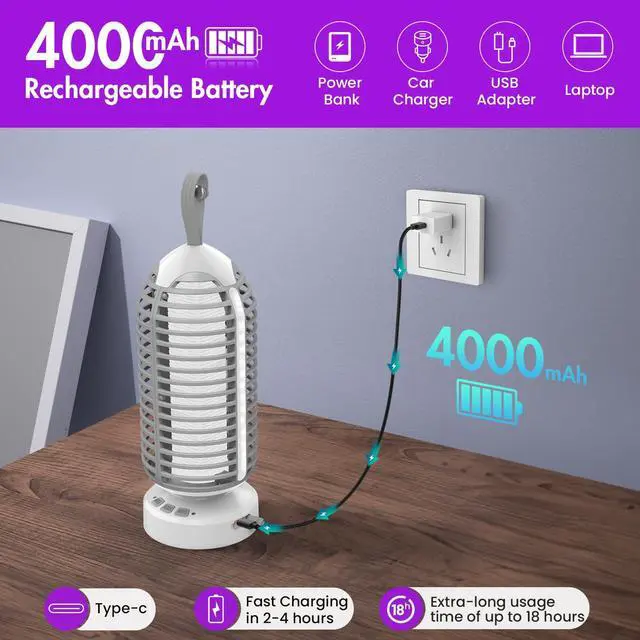 Alt view image 4 of 7 - Bug Zapper Outdoor with Colorful Lighting and Auto-Sensing, 3 in 1 Cordless 4000mAh Battery Electric Fly Trap, Rechargeable Mosquito Zapper for Camping, Patios, Garden, Kitchen (2Pack-Grey)