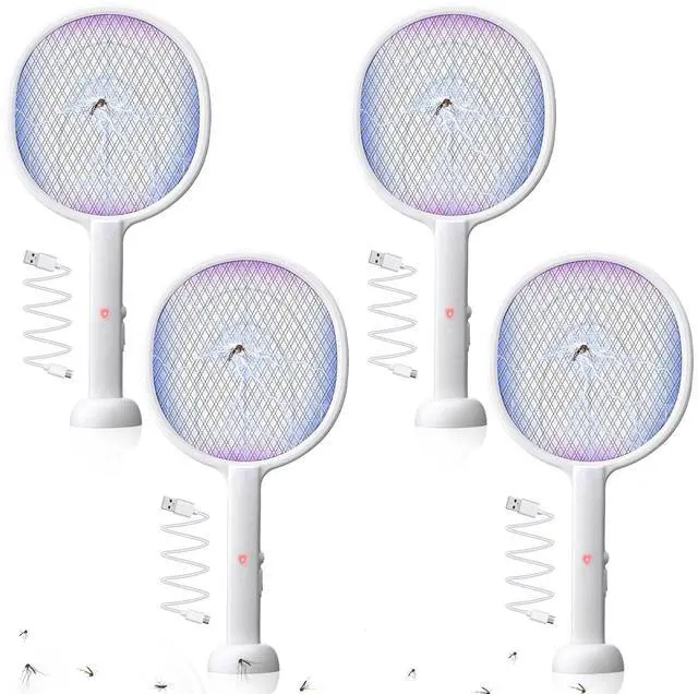 Main image of 4 Pcs Electric Fly Swatter 3000V Bug Zapper Racket 2 in 1 Indoor Mosquito Killer with 3 Layer Safety Mesh USB Rechargeable Base with 400mah Battery for Indoor Outdoor Home Backyard Patio