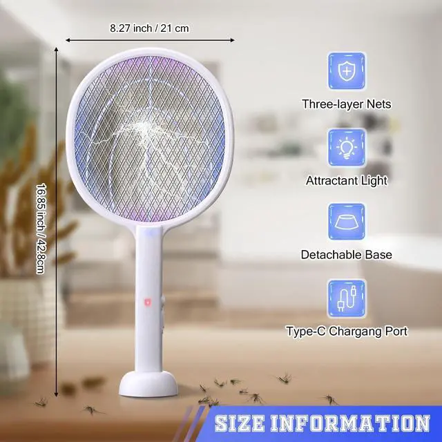 Alt view image 2 of 7 - 4 Pcs Electric Fly Swatter 3000V Bug Zapper Racket 2 in 1 Indoor Mosquito Killer with 3 Layer Safety Mesh USB Rechargeable Base with 400mah Battery for Indoor Outdoor Home Backyard Patio
