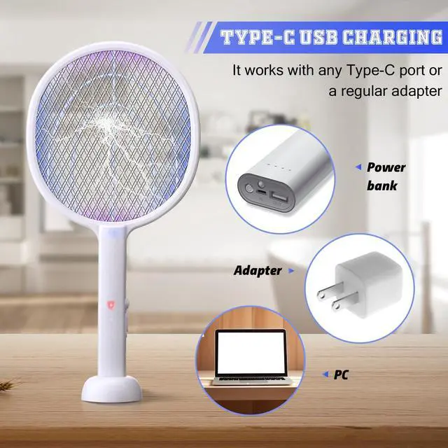 Alt view image 4 of 7 - 4 Pcs Electric Fly Swatter 3000V Bug Zapper Racket 2 in 1 Indoor Mosquito Killer with 3 Layer Safety Mesh USB Rechargeable Base with 400mah Battery for Indoor Outdoor Home Backyard Patio