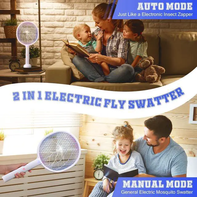 Alt view image 3 of 7 - 4 Pcs Electric Fly Swatter 3000V Bug Zapper Racket 2 in 1 Indoor Mosquito Killer with 3 Layer Safety Mesh USB Rechargeable Base with 400mah Battery for Indoor Outdoor Home Backyard Patio