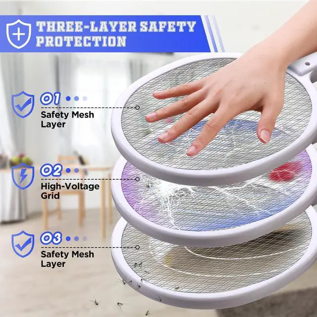 Alt view image 6 of 7 - 4 Pcs Electric Fly Swatter 3000V Bug Zapper Racket 2 in 1 Indoor Mosquito Killer with 3 Layer Safety Mesh USB Rechargeable Base with 400mah Battery for Indoor Outdoor Home Backyard Patio
