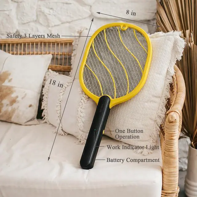 Alt view image 7 of 7 - Electric Fly Swatter Battery Powered Bug Zapper Racket with 2 AA Batteries Included, 3-Layer Safety Mesh, Handheld Fly Zapper for Indoor, Outdoor, Home, Bedroom, Kitchen, Office, Backyard, Patio