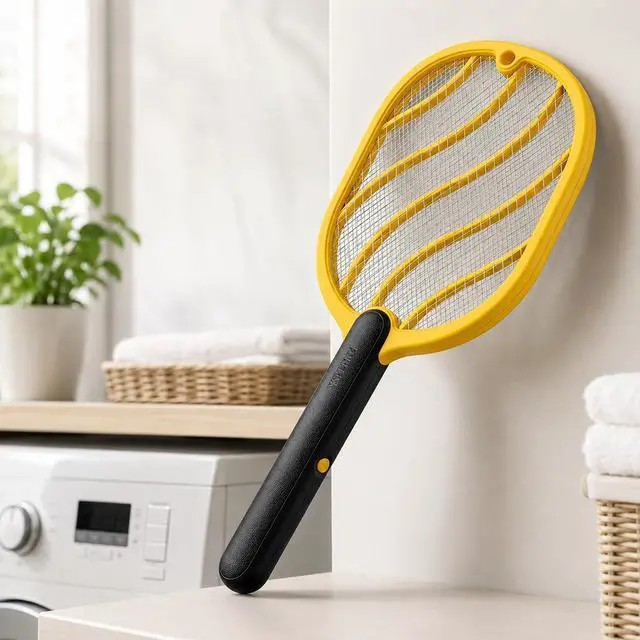 Alt view image 4 of 7 - Electric Fly Swatter Battery Powered Bug Zapper Racket with 2 AA Batteries Included, 3-Layer Safety Mesh, Handheld Fly Zapper for Indoor, Outdoor, Home, Bedroom, Kitchen, Office, Backyard, Patio