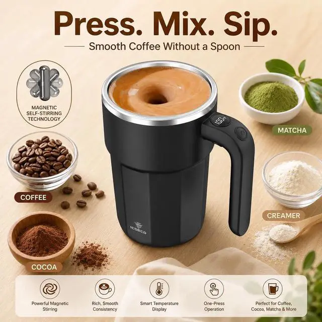 Alt view image 2 of 7 - Self Stirring Coffee Mug, 12oz Rechargeable Magnetic Mixing Cup with Temperature Display, 316 Stainless Steel Electric Stirring Cup with Lid & Handle for Coffee, Cocoa, Matcha, Creamer, Mushroom Coffe