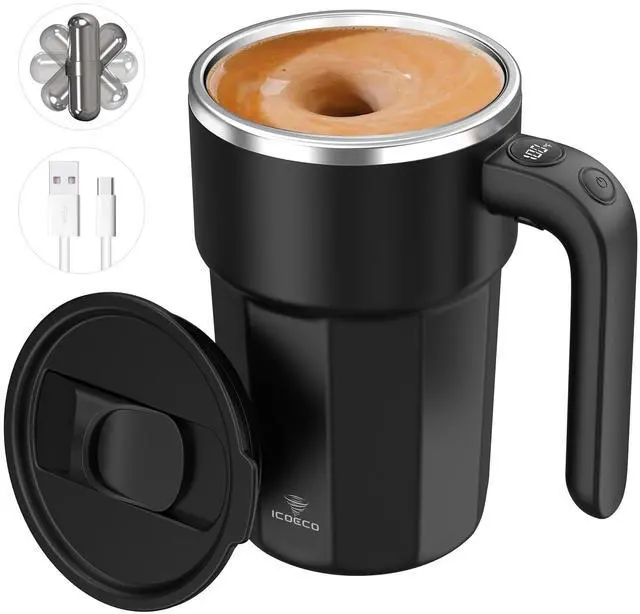 Main image of Self Stirring Coffee Mug, 12oz Rechargeable Magnetic Mixing Cup with Temperature Display, 316 Stainless Steel Electric Stirring Cup with Lid & Handle for Coffee, Cocoa, Matcha, Creamer, Mushroom Coffe