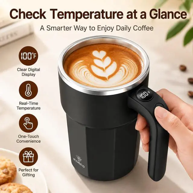 Alt view image 3 of 7 - Self Stirring Coffee Mug, 12oz Rechargeable Magnetic Mixing Cup with Temperature Display, 316 Stainless Steel Electric Stirring Cup with Lid & Handle for Coffee, Cocoa, Matcha, Creamer, Mushroom Coffe