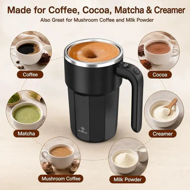 Alt view image 5 of 7 - Self Stirring Coffee Mug, 12oz Rechargeable Magnetic Mixing Cup with Temperature Display, 316 Stainless Steel Electric Stirring Cup with Lid & Handle for Coffee, Cocoa, Matcha, Creamer, Mushroom Coffe