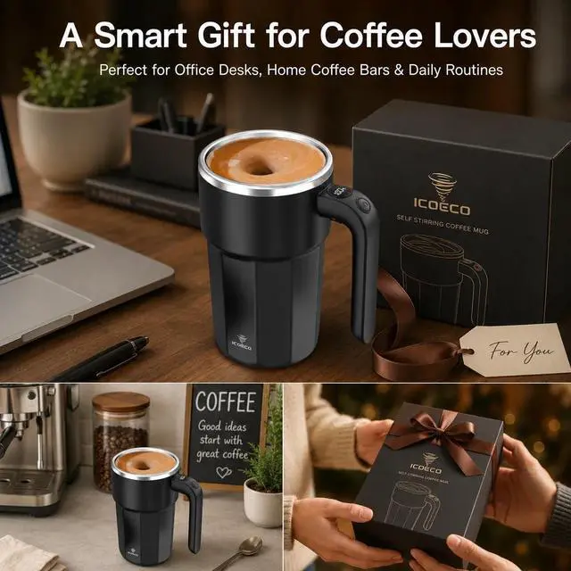Alt view image 7 of 7 - Self Stirring Coffee Mug, 12oz Rechargeable Magnetic Mixing Cup with Temperature Display, 316 Stainless Steel Electric Stirring Cup with Lid & Handle for Coffee, Cocoa, Matcha, Creamer, Mushroom Coffe