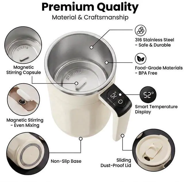 Alt view image 3 of 7 - Self Stirring Coffee Mug with Fahrenheit Temperature Display, Rechargeable Stirring Mug, Automatic Self Stirring Cup with Lid, for Coffee, Milk and Other Beverages, Gift for Mom, Birthday Gift