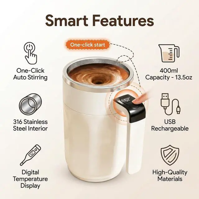 Alt view image 7 of 7 - Self Stirring Coffee Mug with Fahrenheit Temperature Display, Rechargeable Stirring Mug, Automatic Self Stirring Cup with Lid, for Coffee, Milk and Other Beverages, Gift for Mom, Birthday Gift