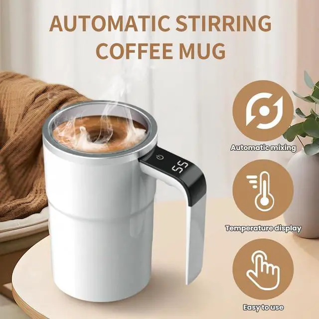 Alt view image 2 of 7 - Rechargeable Automatic Magnetic Stirring Mug with Temperature Display, Self Stirring Coffee Cup for Home Office Travel, White with Detachable Stir Bar (White)