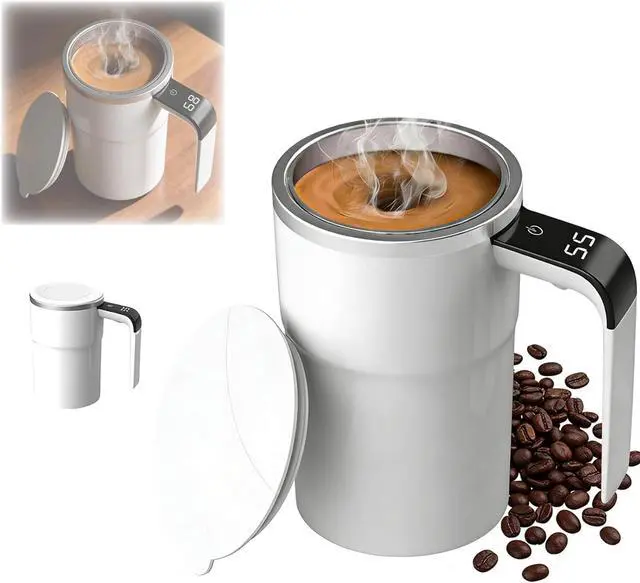 Main image of Rechargeable Automatic Magnetic Stirring Mug with Temperature Display, Self Stirring Coffee Cup for Home Office Travel, White with Detachable Stir Bar (White)