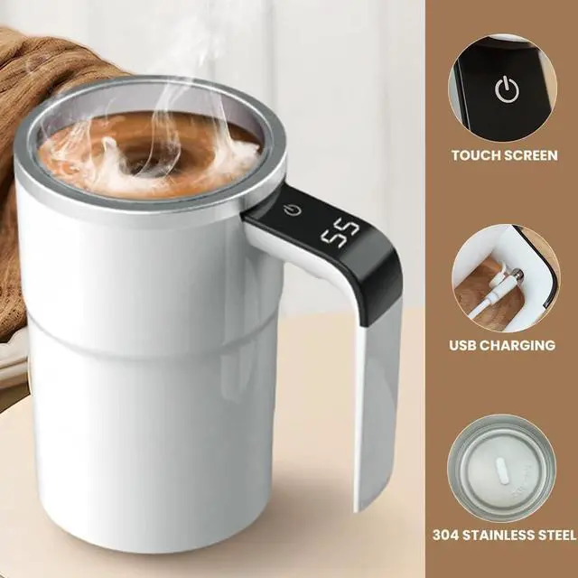 Alt view image 4 of 7 - Rechargeable Automatic Magnetic Stirring Mug with Temperature Display, Self Stirring Coffee Cup for Home Office Travel, White with Detachable Stir Bar (White)