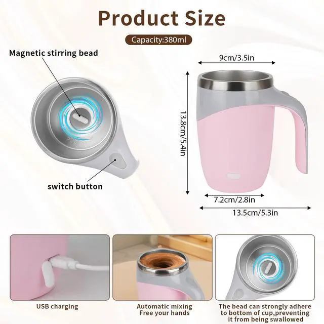 Alt view image 2 of 7 - Self Stirring Coffee Mug, Automatic Magnetic Stirring Coffee Mug, Stainless Steel Self Stirring Mug to Stir Milk Tea, Cocoa, Electric Self Stirring Cup for Home, Office, Travel (Pink, Rechargeable)