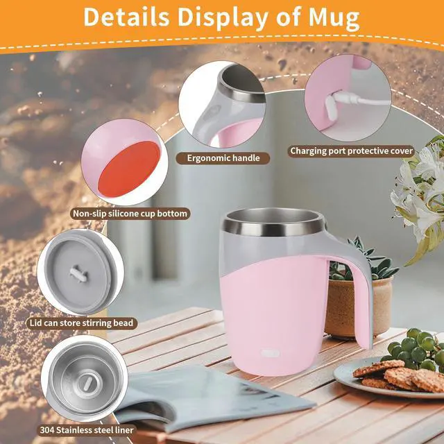 Alt view image 3 of 7 - Self Stirring Coffee Mug, Automatic Magnetic Stirring Coffee Mug, Stainless Steel Self Stirring Mug to Stir Milk Tea, Cocoa, Electric Self Stirring Cup for Home, Office, Travel (Pink, Rechargeable)