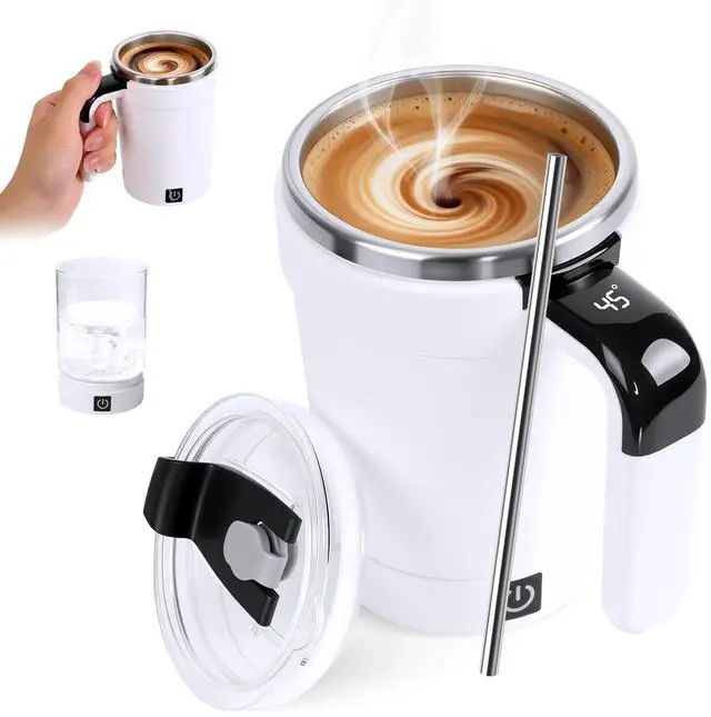 Main image of Automatic Stirring Coffee Cup with Temperature Display, Rechargeable Coffee Mug, Self-Stirring Mug with Lid, Smart Mixing Cup for Coffee, Milk and Other Beverages (White+Universal base+Straw)