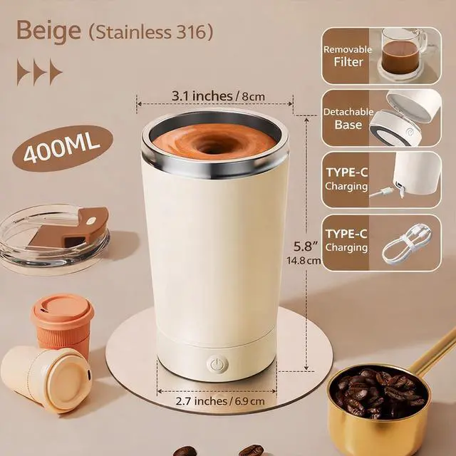 Alt view image 2 of 7 - Self Stirring Coffee Mug, 13.5oz Rechargeable Automatic Mixing Cup with Magnetic Stirring Base,400ML 416 Stainless Steel Drink Mixer Mug with Lid for Coffee, Milk & Daily Beverages (Beige)